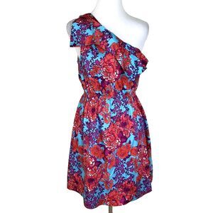Ellen & Ollie Dress 6 One Shoulder Dress Pink Red Floral Ruffle Womens
